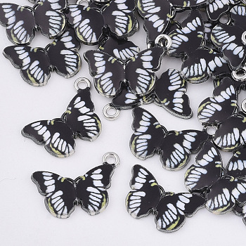 Printed Alloy Pendants, with Enamel, Butterfly, Platinum, Black, 13.5x20x2mm, Hole: 1.6mm