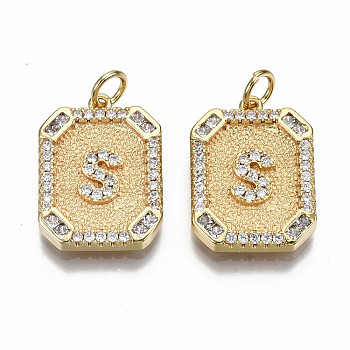 Brass Micro Pave Clear Cubic Zirconia Pendants, Nickel Free, Real 18K Gold Plated, Rounded Rectangle with Word,19x14x2.5mm, Jump Ring: 5x0.7mm, 3mm inner diameter