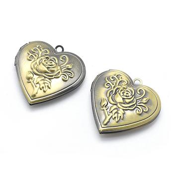 Brass Locket Pendants, Photo Frame Charms for Necklaces, Cadmium Free & Nickel Free & Lead Free, Heart with Rose, Brushed Antique Bronze, 29x29x7.5mm, Hole: 2mm, Inner Size: 21x16.5mm