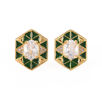 Brass Micro Pave Clear Cubic Zirconia Stud Earrings, with Enamel and Ear Nuts, Hexagon, Cadmium Free & Nickel Free & Lead Free, Real 16K Gold Plated, Green, 15x12mm, Pin: 0.8mm