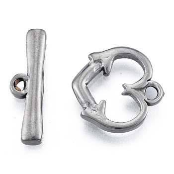 304 Stainless Steel Toggle Clasps, Heart, Stainless Steel Color, Bar:6x22x2mm, Hole: 1.2mm, Heart: 16.5x16.5x2.5mm, Hole: 2mm.