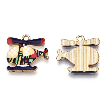 Printed Alloy Pendants, Cadmium Free & Nickel Free & Lead Free, Light Gold, Helicopter Charm, Dark Blue, 17.5x18.5x2mm, Hole: 1.8mm
