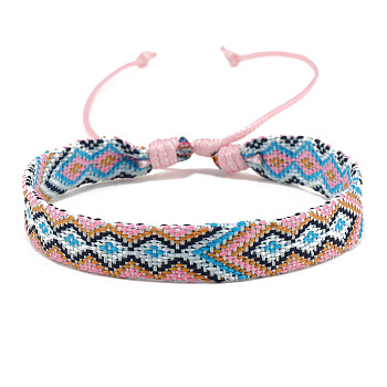 Cotton Braided Rhombus Cord Bracelet, Ethnic Tribal Adjustable Bracelet for Women, Pink, Inner Diameter: 7-1/8~9-7/8 inch(18~25cm)