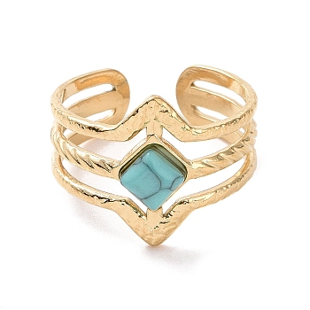 Synthetic Turquoise Rhombus Open Cuff Ring, Titanium Steel Jewelry for Women, Golden, Inner Diameter: 19mm