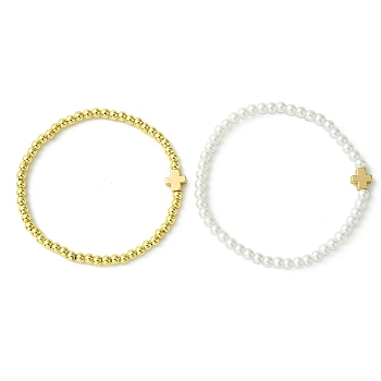 2Pcs 2 Colors Alloy Cross Link Bracelets, 4mm Round Brass Beaded Stretch Bracelets for Women, Mixed Color, Inner Diameter: 2-1/8 inch(5.5cm), 1pc/color