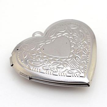 316 Stainless Steel Photo Locket Pendants, Heart Carved Pattern, Stainless Steel Color, 29x28x7mm, Hole: 2mm, Inner Measure: 21x18mm