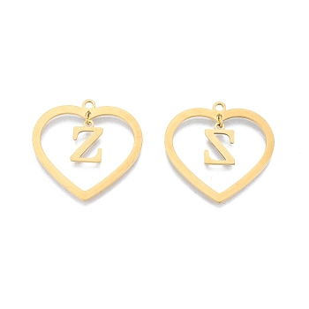 201 Stainless Steel Pendants, Hollow, Heart with Letter A~Z, Real 18K Gold Plated, Letter.Z, 29x29.5x1mm, Hole: 2mm, A~Z: 12x8~10.5x1mm