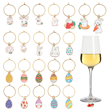 Easter Theme Alloy Enamel Wine Glass Charms, with Brass Hoop Earring Findings, Easter Egg & Rabbit, Mixed Color, 48~63mm, 22 style, 1pc/style, 22pcs/set