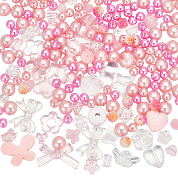 DIY Jewelry Making Finding Kits, Including Resin & Imitation Pearl Acrylic Beads & Cabochons, Flower & Star & Heart & Round & Bowknot & Rectangle, Pearl Pink, 6~23x5.5~29x4~16mm, Hole: 1.5~4mm