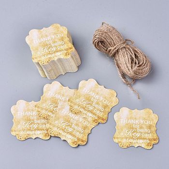 Floral Pattern Paper Gift Tags, Hang Tags, with Jute Twine, Square with Word Thank You for Being a Key Part of Our Lives, Gold, 5x5x0.05cm, Hole: 4mm, 50pcs/set