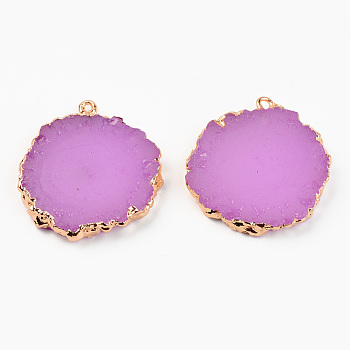 Resin Pendants, with Edge Light Gold Plated Iron Loops, Flat Round, Orchid, 35x31~32x4.5mm, Hole: 1.6mm