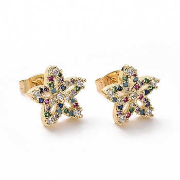 Colorful Cubic Zirconia Star Stud Earrings, Brass Jewelry for Women, Golden, 12x12.5mm, Pin: 0.7mm