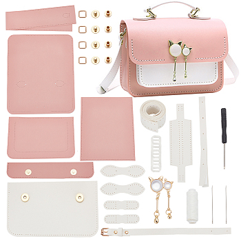 DIY Imitation Leather Sew on Women's Crossbody Bag Making Kit, including Fabrics, Imitation Pearl Cat Head Ornament, Alloy Buckles & Magnetic Button, Cord and Needle, Screwdriver, Pink, Finished Product: 25x7x18.5cm