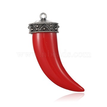 Antique Silver Plated Alloy Acrylic Big Pendants, Tusk Shape, Red, 56x22x15mm, Hole: 2mm(PALLOY-F054-01AS)