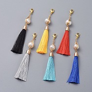 Polyester Tassel Big Pendants, with Natural Cultured Freshwater Pearl and 304 Stainless Steel Lobster Claw Clasps, Golden, Mixed Color, 100mm(HJEW-JM00370)
