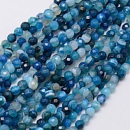 Natural Stripe Agate Beads Strands, Faceted, Dyed, Round, Marine Blue, 4mm, Hole: 0.5mm, about 91~93pcs/strand, 15 inch(G-G581-4mm-05)