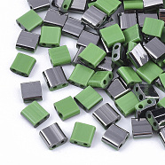 2-Hole Glass Seed Beads, Half Gunmetal Plated Colours, Square, Light Green, 5x4.5~5.5x2~2.5mm, Hole: 0.5~0.8mm, about 1180pcs/bag(SEED-S031-L-047-H)