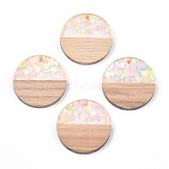 Transparent Resin & White Wood Pendants, Flat Round Charms with Paillettes, Clear, 28.5x3.5mm, Hole: 2mm(RESI-N039-33)