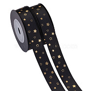 Polyester Satin Ribbon, with Single Face Golden Hot Stamping, Star Pattern, Black, 5/8"(16mm), 10yards/roll(9.14m/roll)(OCOR-TAC0001-12A)