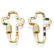 Brass Micro Pave Cubic Zirconia Screw Carabiner Lock Charms, for Necklaces Making, Nickel Free, Cross, Colorful, Real 16K Gold Plated, 27x18x2.5mm, Screw: 5.5x5mm(ZIRC-S066-045-NF)