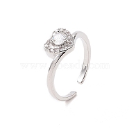 Clear Cubic Zirconia Heart Open Cuff Ring, Brass Jewelry for Women, Platinum, Inner Diameter: 18mm(RJEW-B028-08P)