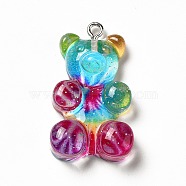 Translucent Resin Pendants, Glitter Bear Charms, with Platinum Tone Iron Loops, Colorful, 32x19x8.5mm, Hole: 2mm(CRES-K010-01B)