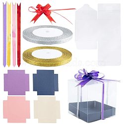 DIY Gift Box Making, with Plastic PVC Box Gift Packaging, Paper Bottom Holder, Glitter Metallic Ribbon, Elastic Packaging Ribbon Bows, Mixed Color, Box: 9x9x9cm, 20pcs/set(DIY-NB0003-11)