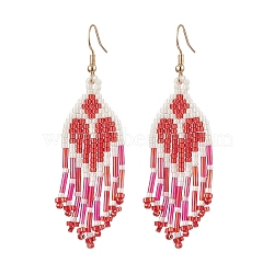 Heart Glass Seed Beaded Tassel Dangle Earrings for Women, Golden, FireBrick, 69x20mm(EJEW-MZ00201-01)