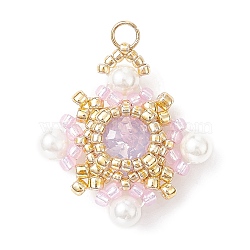 K9 Glass & Shell Pearl & Seed Braided Pendants, Rhombus Charms, Pink, 25.5x23x7mm, Hole: 2mm(PALLOY-MZ00139-01)