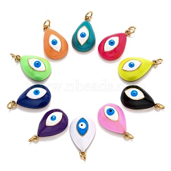 Brass Enamel Pendants, Real 18K Gold Plated, Long-Lasting Plated, Teardrop with Evil Eye, Mixed Color, 21x13x7mm, Hole: 3.6mm(KK-O140-01G)