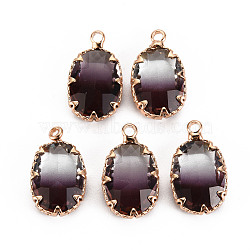 Gradient Color Glass Pendants, with Brass Prong Settings, Faceted, Oval, Light Gold, Purple, 19x11x5.5mm, Hole: 1.6mm(GLAA-S193-006-B04)