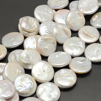 Flat Round Nucleated Natural Cultured Freshwater Pearl Beads Strands, Seashell Color, 5~8x19~19.5mm, Hole: 0.8mm, about 20pcs/strand, 15.7 inch