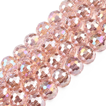 Electroplate Transparent Glass Beads Strands, AB Color, Faceted, Round, Pink, 9.5x9mm, Hole: 1.2mm, about 69pcs/strand, 24.41 inch(62cm)