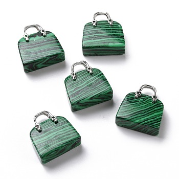 Synthetic Malachite Pendants, with Brass Findings, Platinum, Bag, 27.5x25x10mm, Hole: 6mm