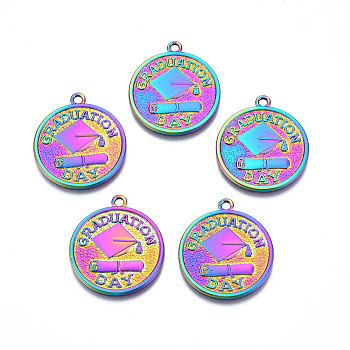 Rainbow Color Alloy Pendants, Cadmium Free & Lead Free, Flat Round with Word Graduation, 25x22x1mm, Hole: 1.8mm