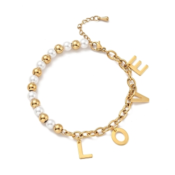 201 Stainless Steel Word Love Charm Bracelet, Plastic Pearl Beaded Bracelet with Vacuum Plating 304 Stainless Steel Cable Chains for Women, Golden, 7-1/2 inch(19cm)