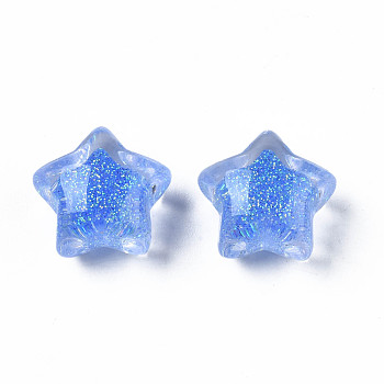 Translucent Acrylic Cabochons, with Glitter Powder, Star, Cornflower Blue, 15.5x16.5x11mm