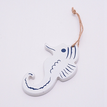 MDF Board Pendant Ornaments, Wall Decor Door Hanging Decoration, with Hemp Rope, Sea Horse, White, 21.5cm