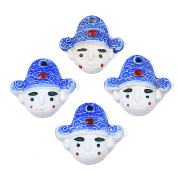 Handmade Porcelain Pendants, Famille Rose Style, Boy, Royal Blue, 38~39x41~43x12~13mm, Hole: 3mm