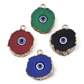 Druzy Resin Pendants, with Edge Light Gold Plated Iron Loops, Flat Round with Eye, Mixed Color, 20~23x17~18x5mm, Hole: 1.8mm