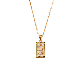 Rhinestone Tarot Card Pendant Necklace with Enamel, Golden Stainless Steel Jewelry for Women, The Moon XVIII, 19.69 inch(50cm)