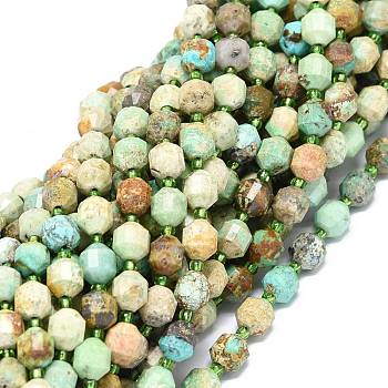 Natural Turquoise Beads Strands, with Seed Beads, Faceted, Bicone, Double Terminated Point Prism Beads, 7~8x7~8mm, Hole: 0.8mm, about 38pcs/strand, 15.35 inch(39cm)