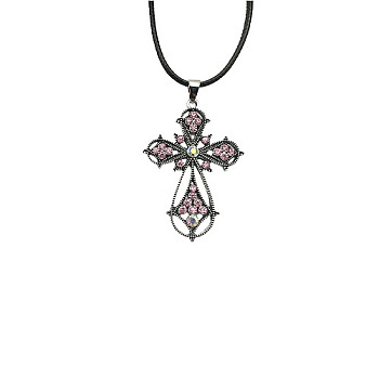 Cross Zinc Alloy Pendant Necklace, with Rhinestone, Burgundy, 19.69 inch(50cm)