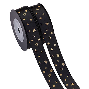 Polyester Satin Ribbon, with Single Face Golden Hot Stamping, Star Pattern, Black, 5/8"(16mm), 10yards/roll(9.14m/roll)