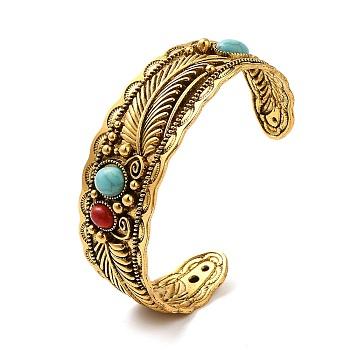 Tibetan Style Alloy Cuff Bangles, Bohemian Style Feather Bangle for Women, with Imitation Turquoise, Antique Golden, 5/8~1-1/8 inch(1.5~2.7cm), Inner Diameter: 2-5/8 inch(6.74cm)