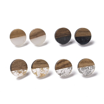 Resin & Walnut Wood Flat Round Stud Earrings with 304 Stainless Steel Pin for Women, Mixed Color, 15mm, Pin: 0.6mm