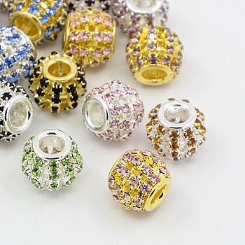 Brass Rhinestone European Beads, Large Hole Beads, Rondelle, Mixed Color, 12x10mm, Hole: 4mm