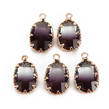 Gradient Color Glass Pendants, with Brass Prong Settings, Faceted, Oval, Light Gold, Purple, 19x11x5.5mm, Hole: 1.6mm