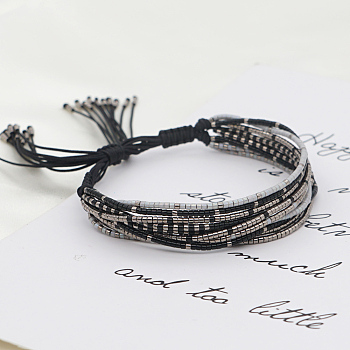 Miyuki Glass Seed Beads Multi-strand Bracelets for Women, Adjustable Nylon Cord Braided Bead Bracelets, Gunmetal, 11 inch(28cm)
