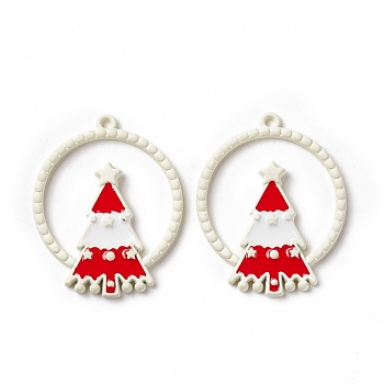 Christmas Theme Spray Painted Alloy Enamel Pendants, Ring with Christmas Tree, White, 28x22.5x2.5mm, Hole: 1.2mm